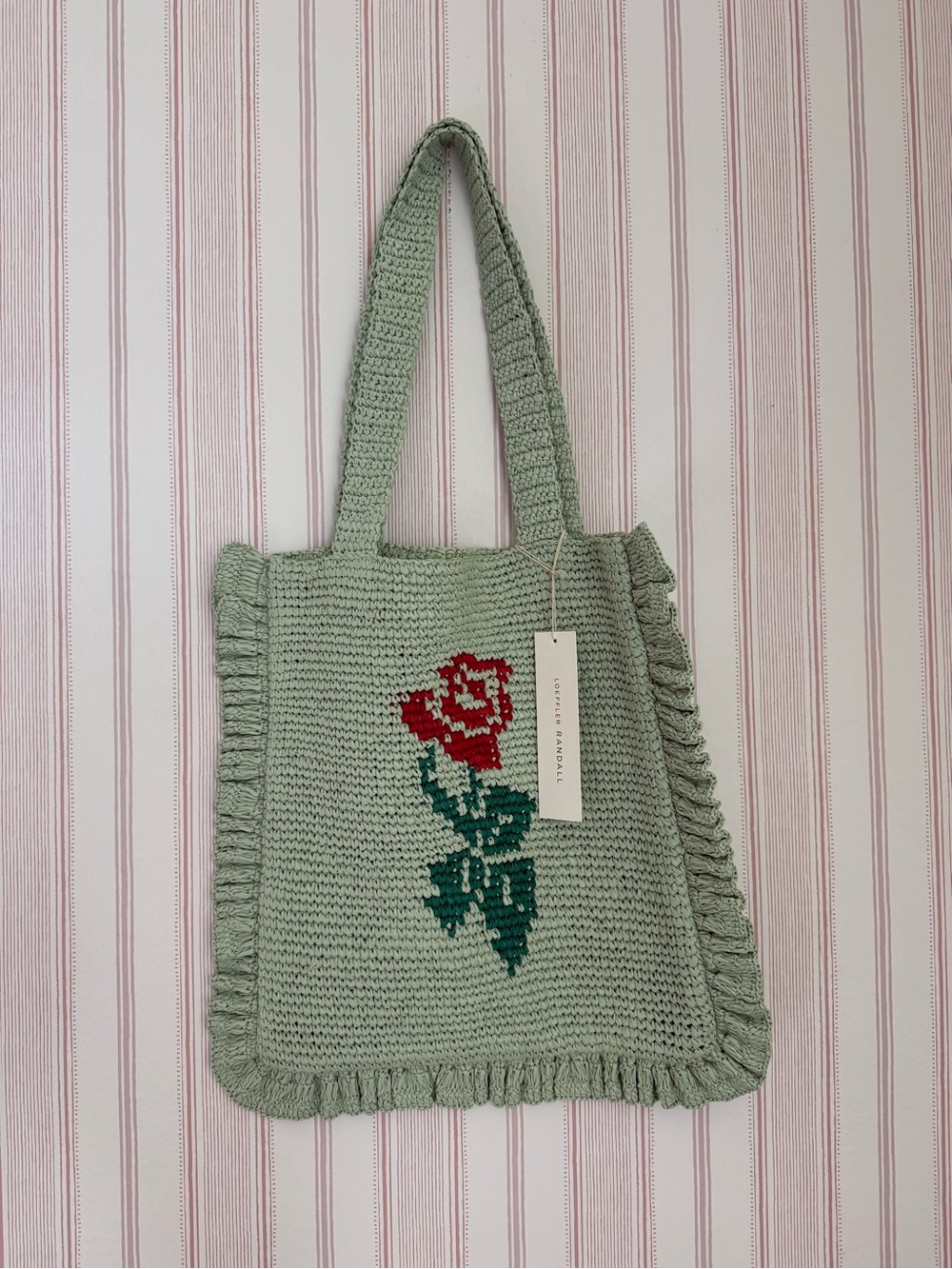Loeffler Randall Mint Green Knit Tote with Red Rose
